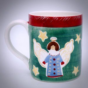 😎 The Cellar Vintage Christmas Macys Mug Hand Paint Green Santa Reindeer Angel